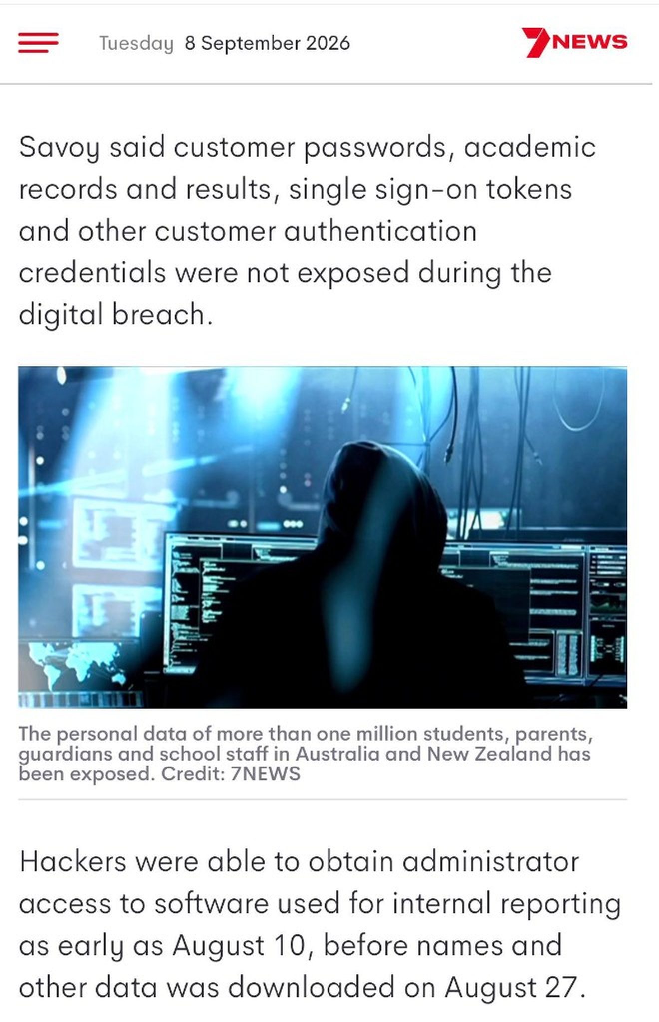 7NEWS photograph of the Mathspace cyber attack reported 8 September 2026. Personal data of more than one million students, parents, guardians and school staff in Australia and New Zealand was exposed.
