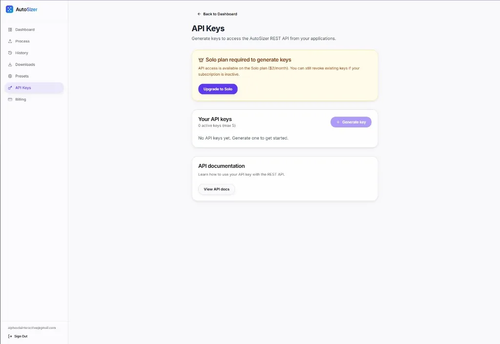 AutoSizer API Keys dashboard with Solo upgrade prompt, key list, and link to REST API documentation