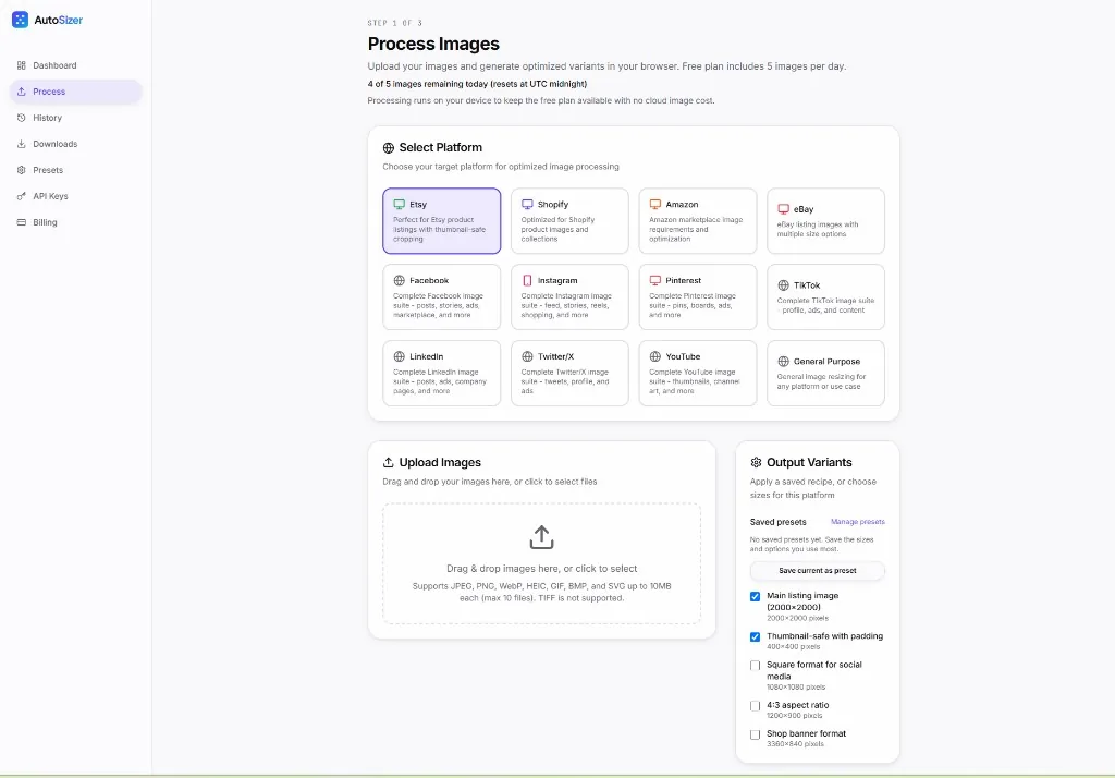 AutoSizer Process Images screen with Etsy platform selected, drag-and-drop upload, and output variant checkboxes