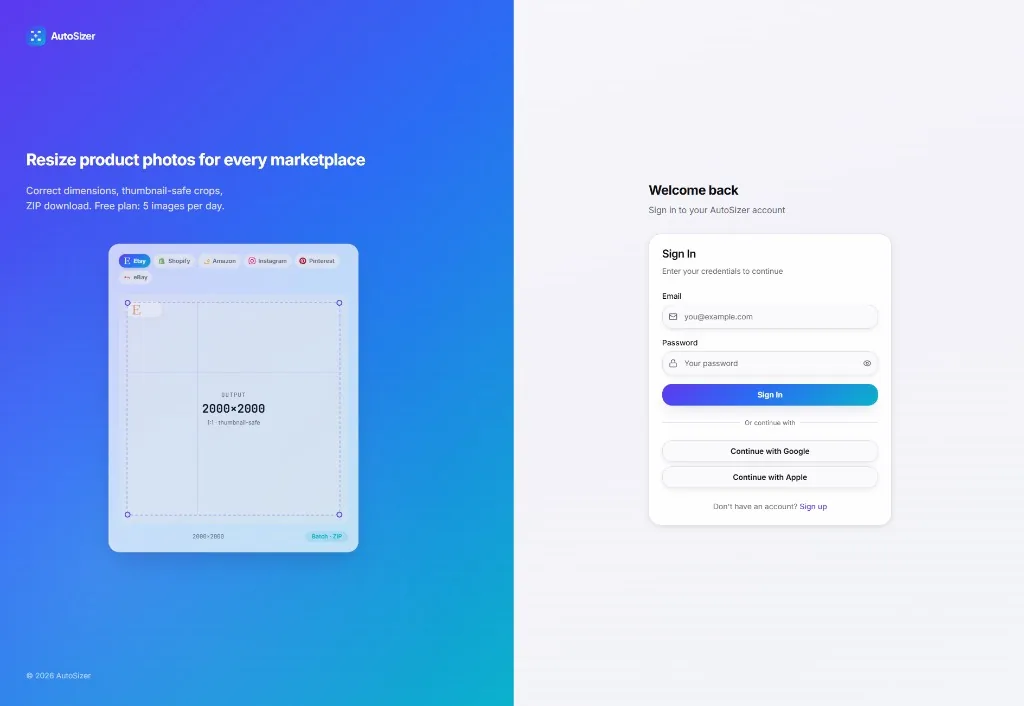 AutoSizer sign-in page with marketplace pitch on the left and email, Google, and Apple sign-in on the right