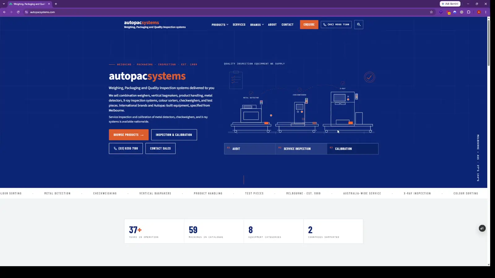 Autopac Systems homepage on desktop, with the equipment catalogue and inspection schematic