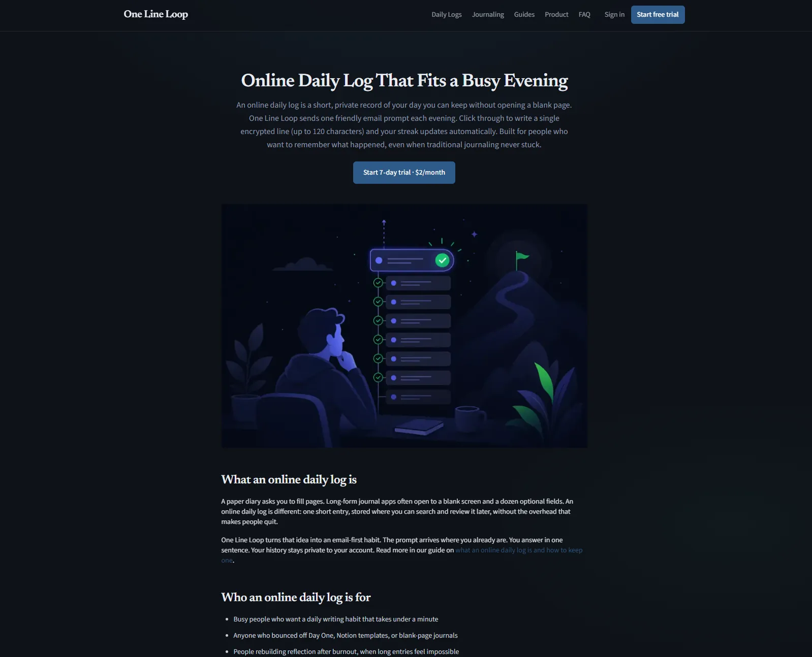 One Line Loop online daily log landing page explaining who a short evening log is for