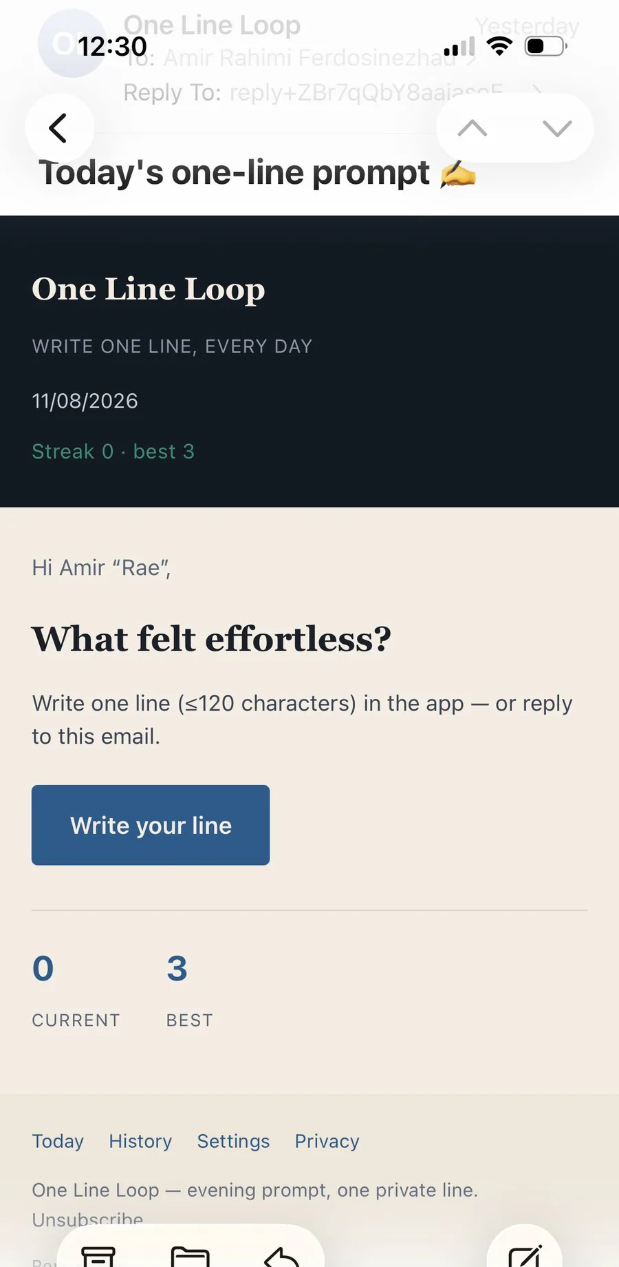 One Line Loop evening prompt email with daily question, write-your-line button, and streak stats