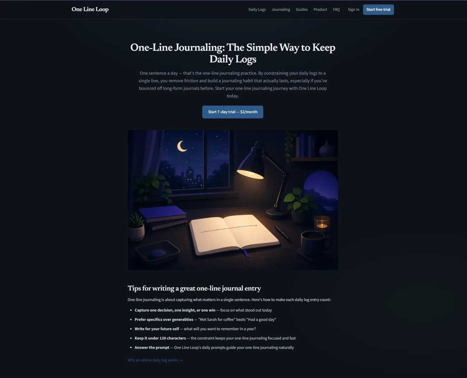 One Line Loop one-line journaling guide with evening desk illustration and tips for a 120-character daily log