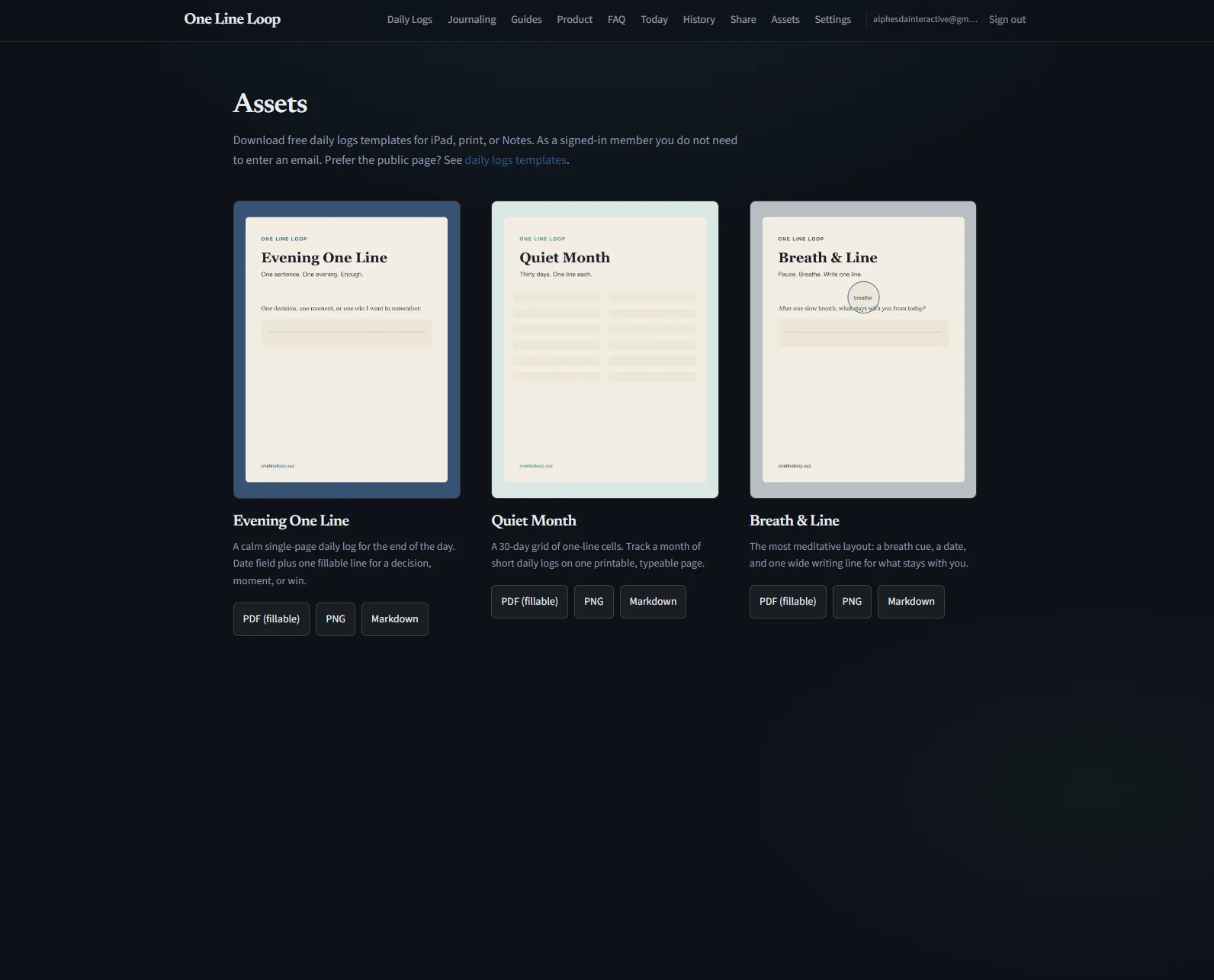 One Line Loop member Assets page with Evening One Line, Quiet Month, and Breath and Line template downloads