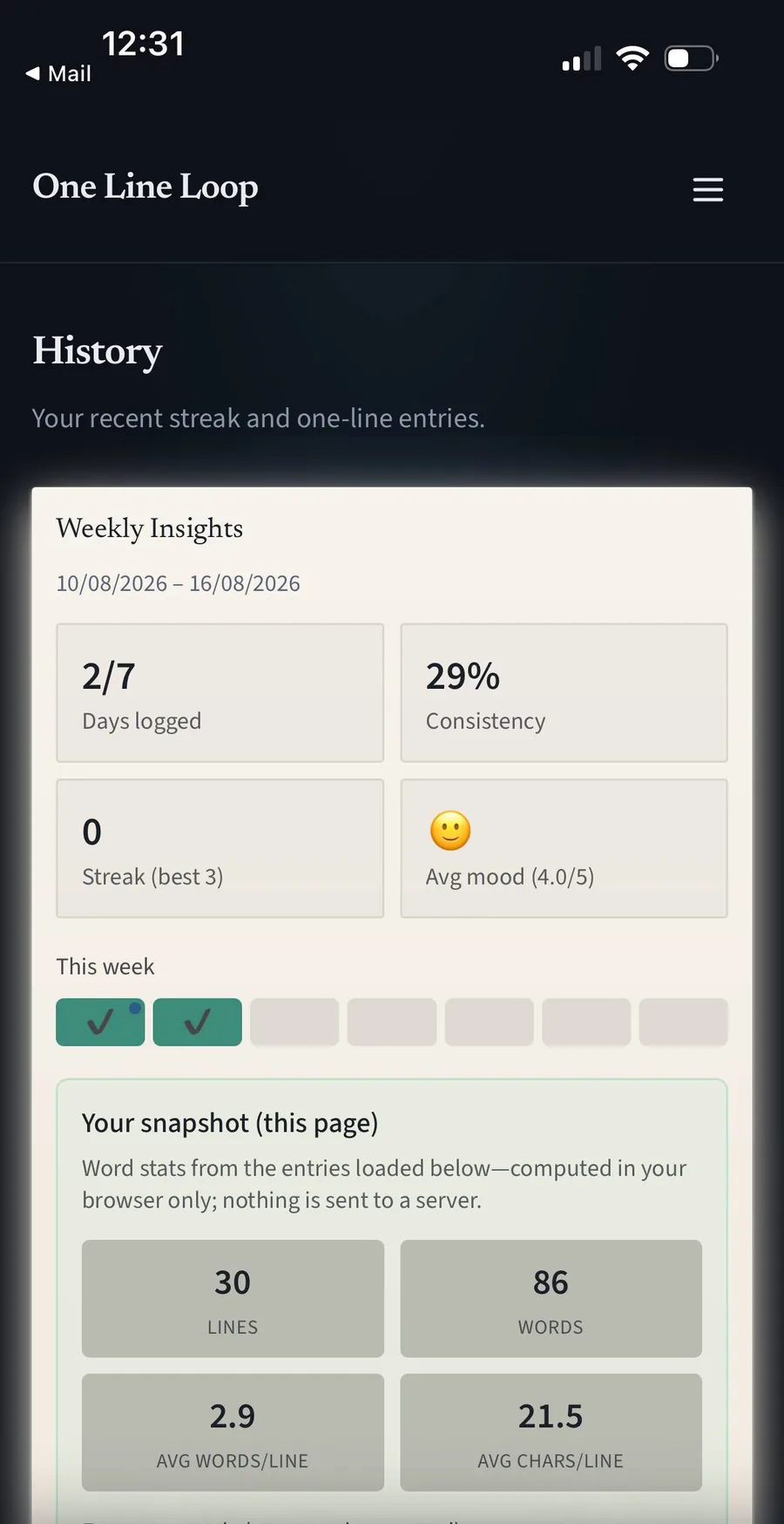 One Line Loop mobile History page with weekly insights, streak grid, and in-browser word snapshot
