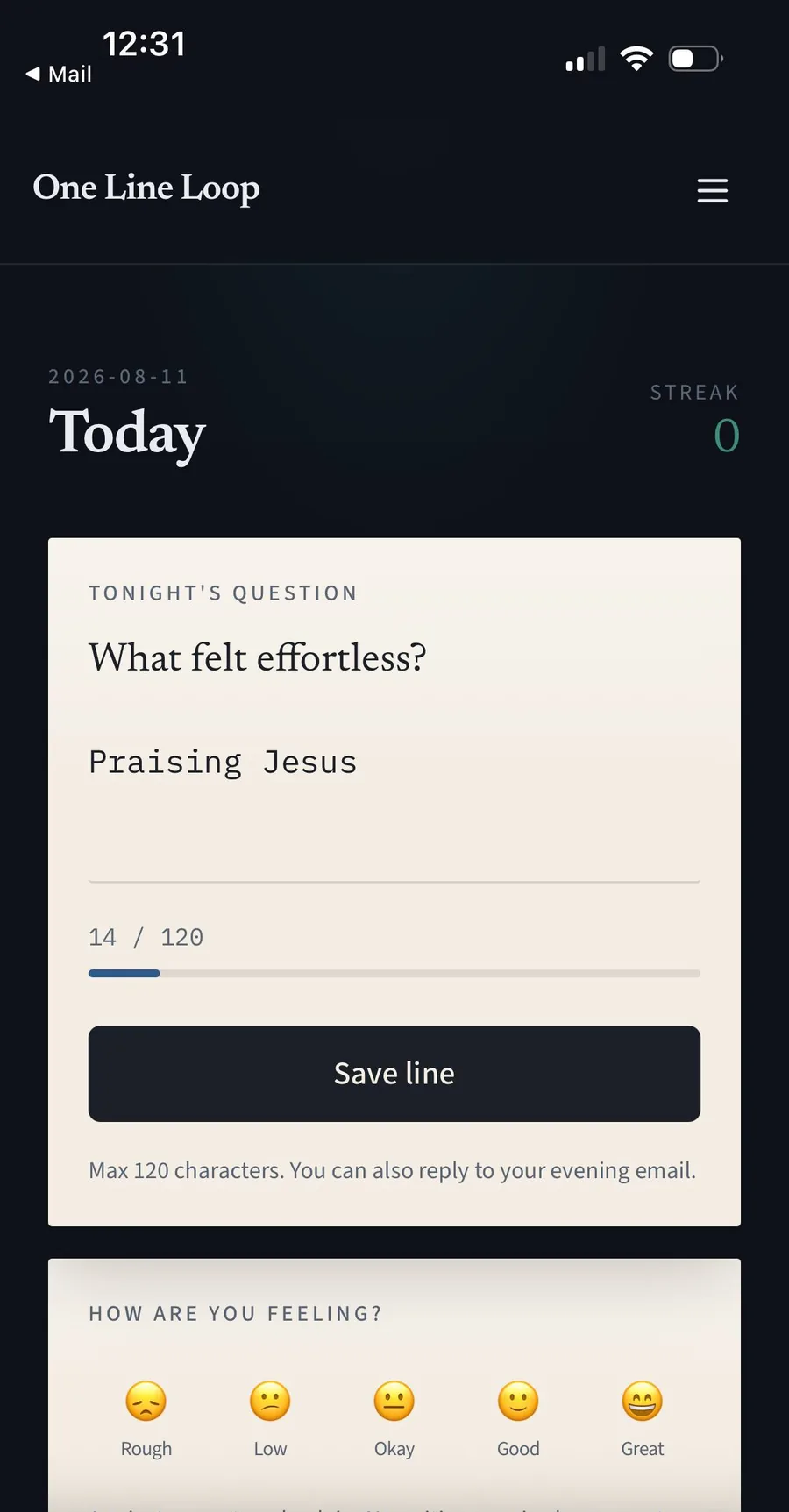 One Line Loop mobile Today page with evening prompt, 120-character line, and mood check-in