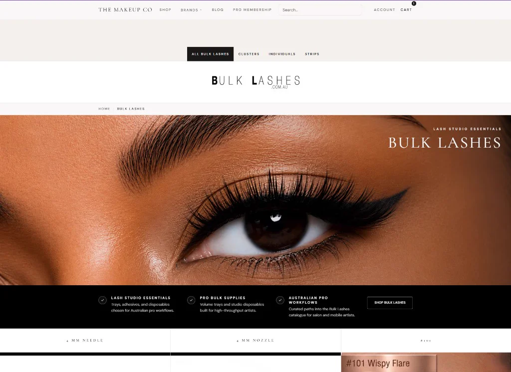 Bulk Lashes brand landing page on The Makeup Co with category navigation for clusters, individuals, and strips