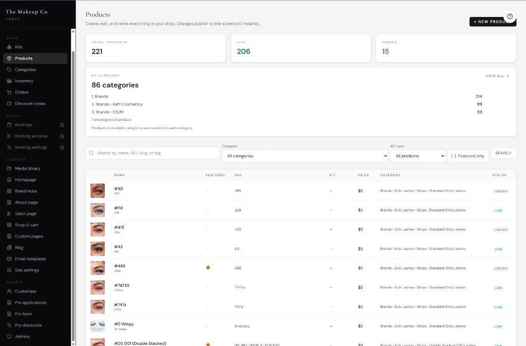 The Makeup Co admin products dashboard showing 221 products, live and hidden counts, category breakdown, and inventory table