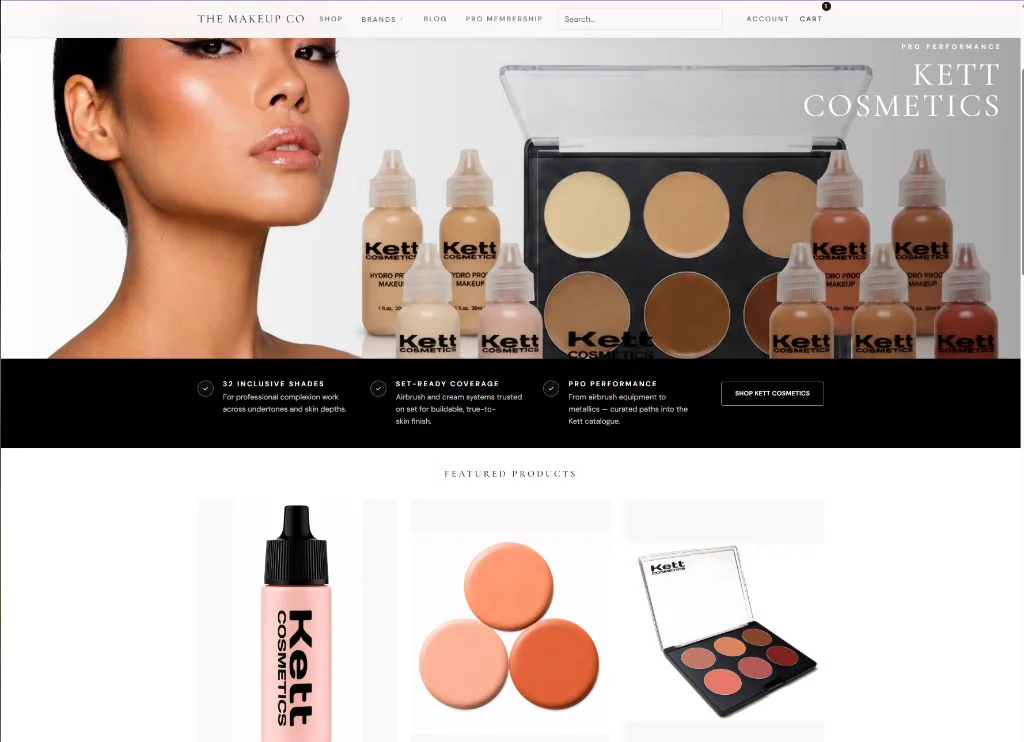 Kett Cosmetics brand landing page on The Makeup Co with pro performance messaging and featured products