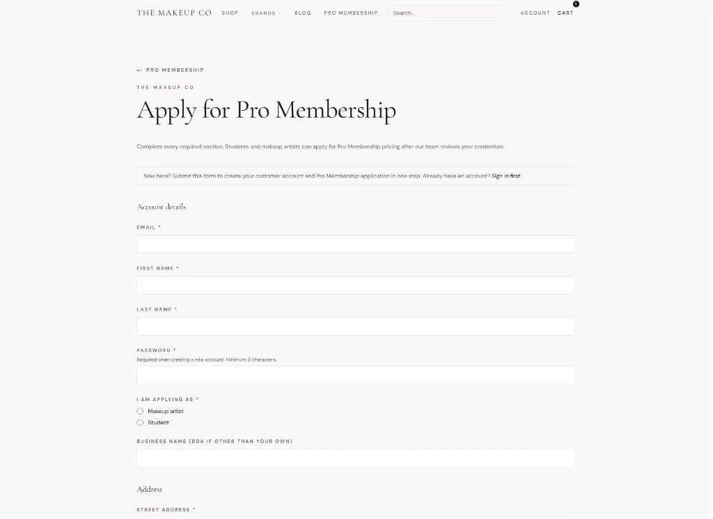 The Makeup Co Pro Membership application form for makeup artists and students with account and credential fields