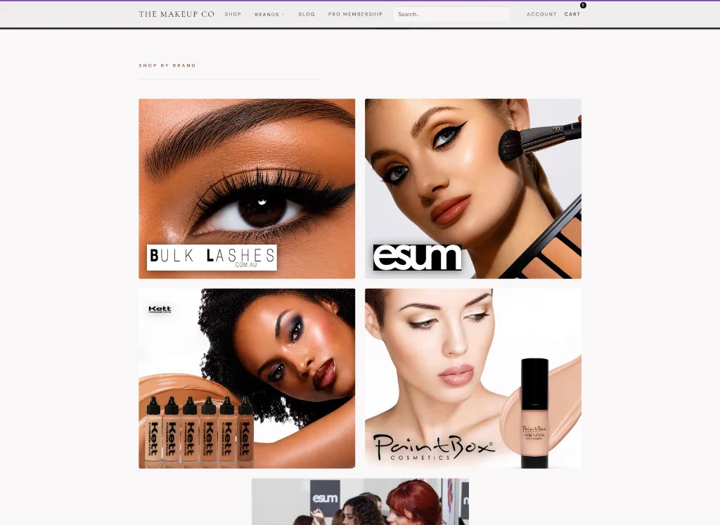 The Makeup Co shop by brand page showing Bulk Lashes, ESUM, Kett Cosmetics, and Paintbox brand hubs