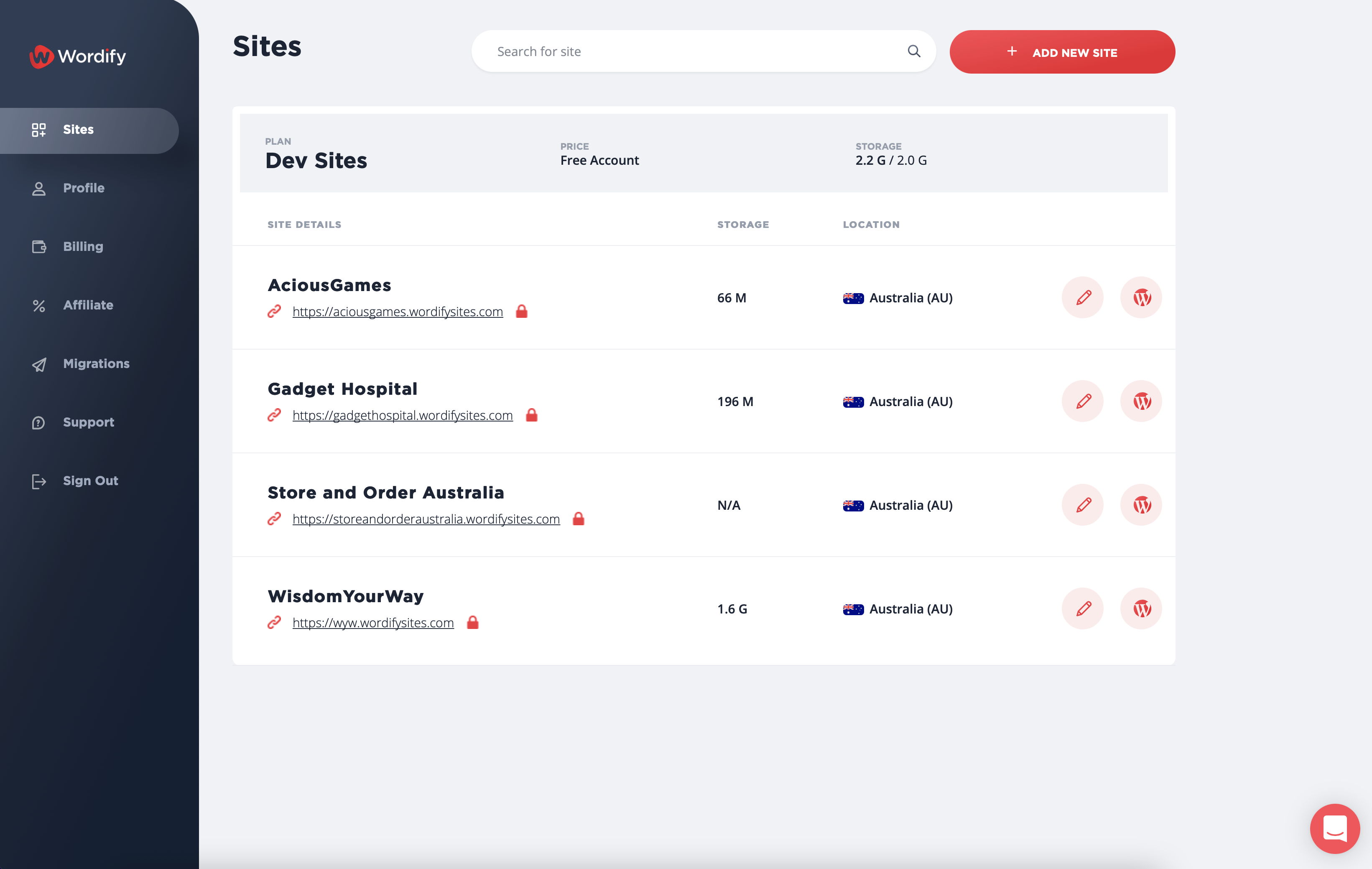 Wordify managed wordpress hosting dashboard